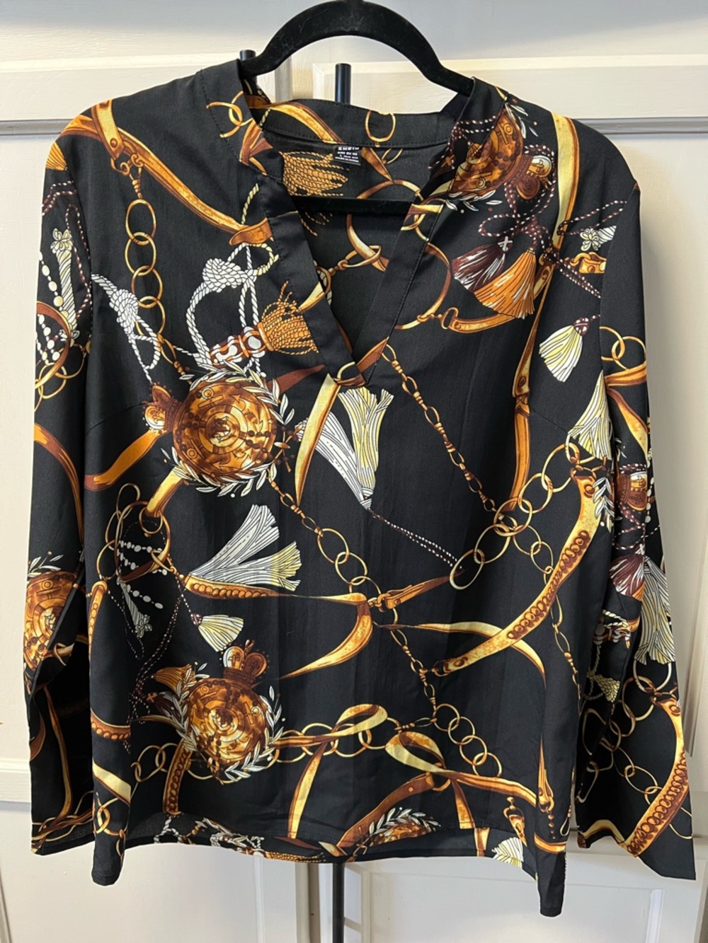 SHEIN Black Blouse with Gold & White Chain Tassel Print